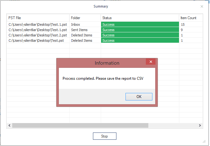 Screen confirming the successful import of PST