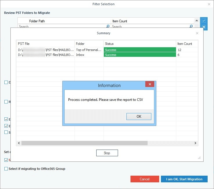 Applica il filtro appropriato per l'importazione PST in Office 365