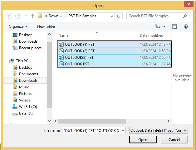 Browse and select the PST files