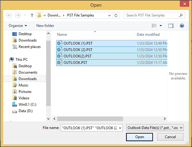 Browse and select PST files