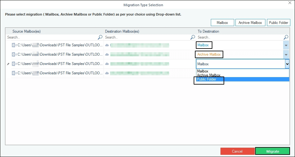 Add Destination Folders For Mailboxes