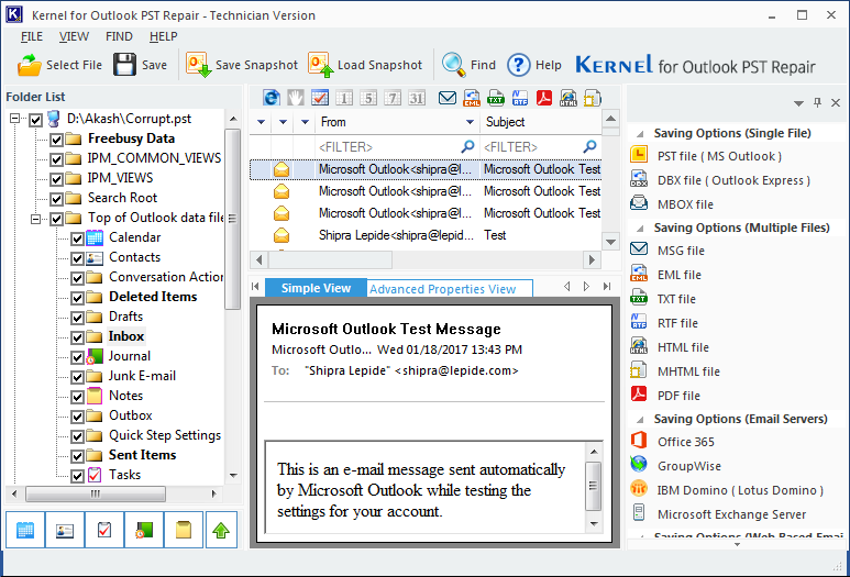 Tool showcasing the complete data of the selected PST