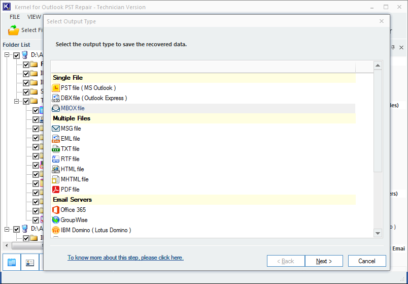 Selecting MBOX as the destination to import PST