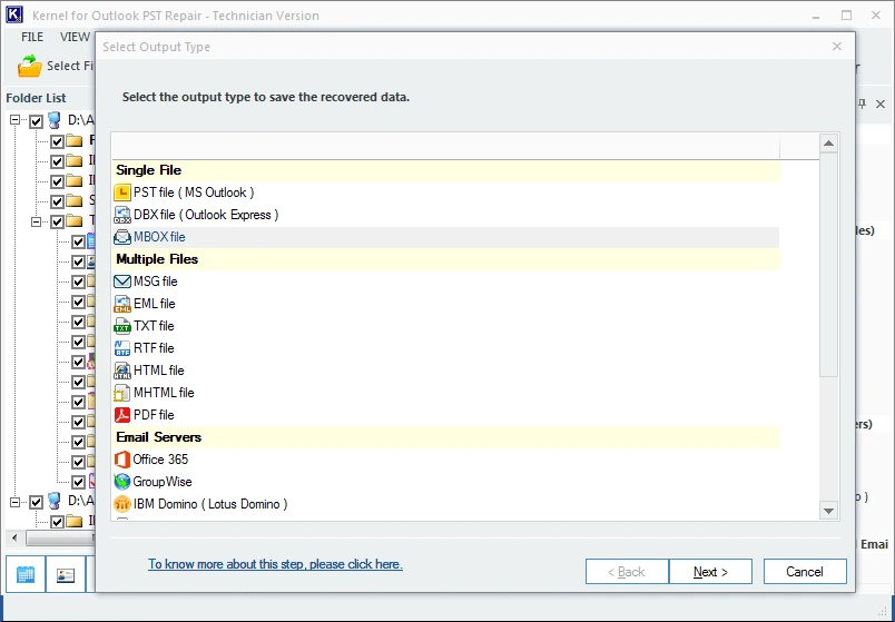 Selecting MBOX as the destination to import PST