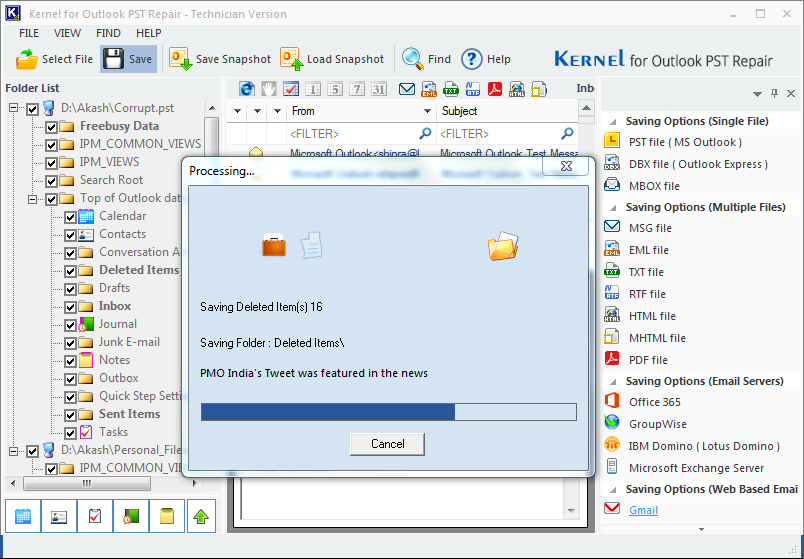 PST to Thunderbird import process in progress