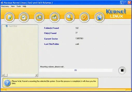 Screen showing the recovery process