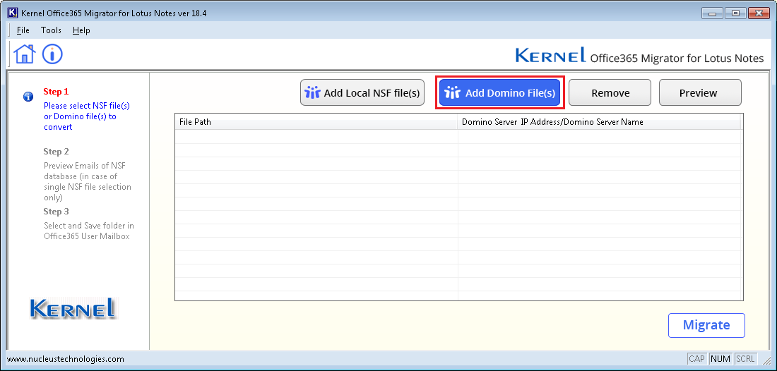 Launch Kernel Office 365 Migrator for Lotus Notes