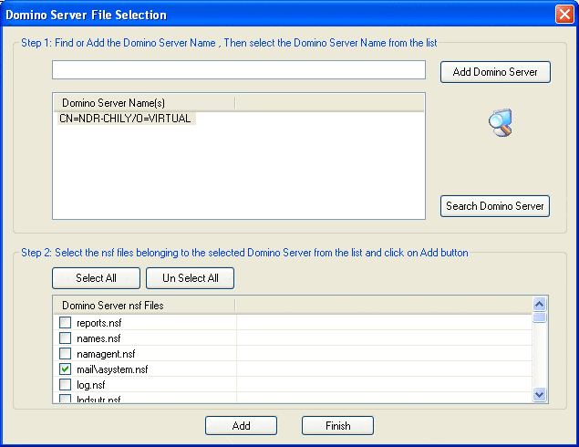 Select Domino server NSF files for exporting calendar entries