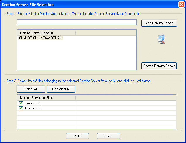 Domino Server NSF files listed for selection