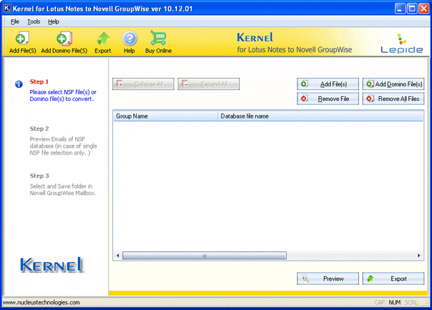 Welcome screen of Kernel for Lotus Notes to Novell GroupWise