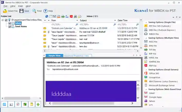 To preview an MBOX item, select a mailbox folder and then select the item.