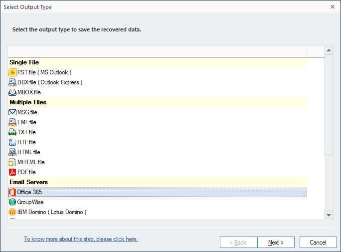 Select the destination to which MBOX data is to be migrated.