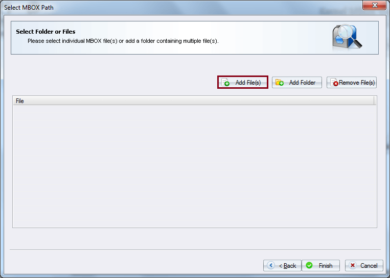 Click Add files to locate the desired MBOX files