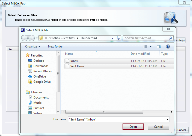 Select the MBOX files and click Open