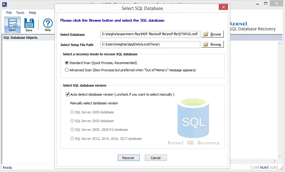 Adding MDF file for recovery with the Browse option