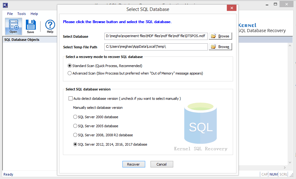 Manually selecting the SQL database version.