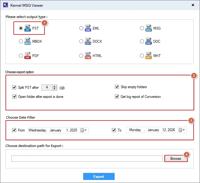 Select the PST format
