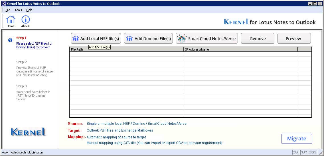 Main screen of Kernel for NSF to PST Software