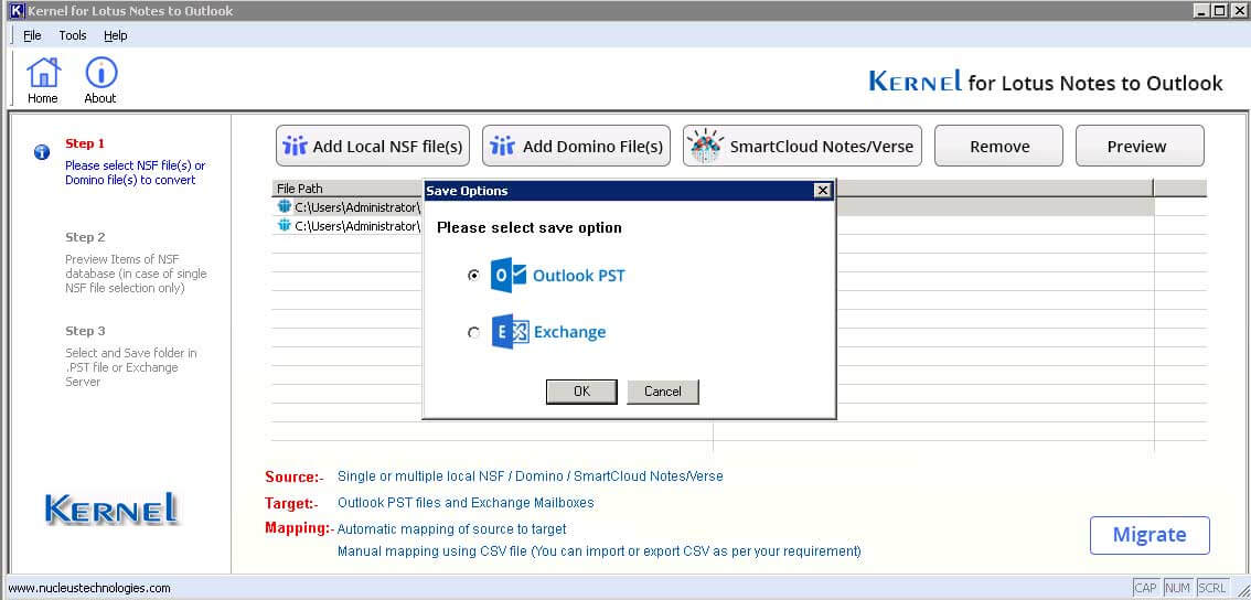 Scegli Outlook PST come destinazione