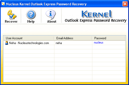 Recovered password of the Outlook Express