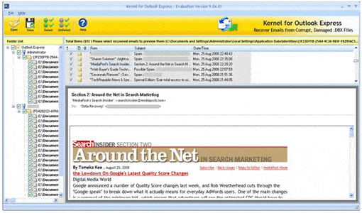 Preview of recovered Outlook Expressemail items