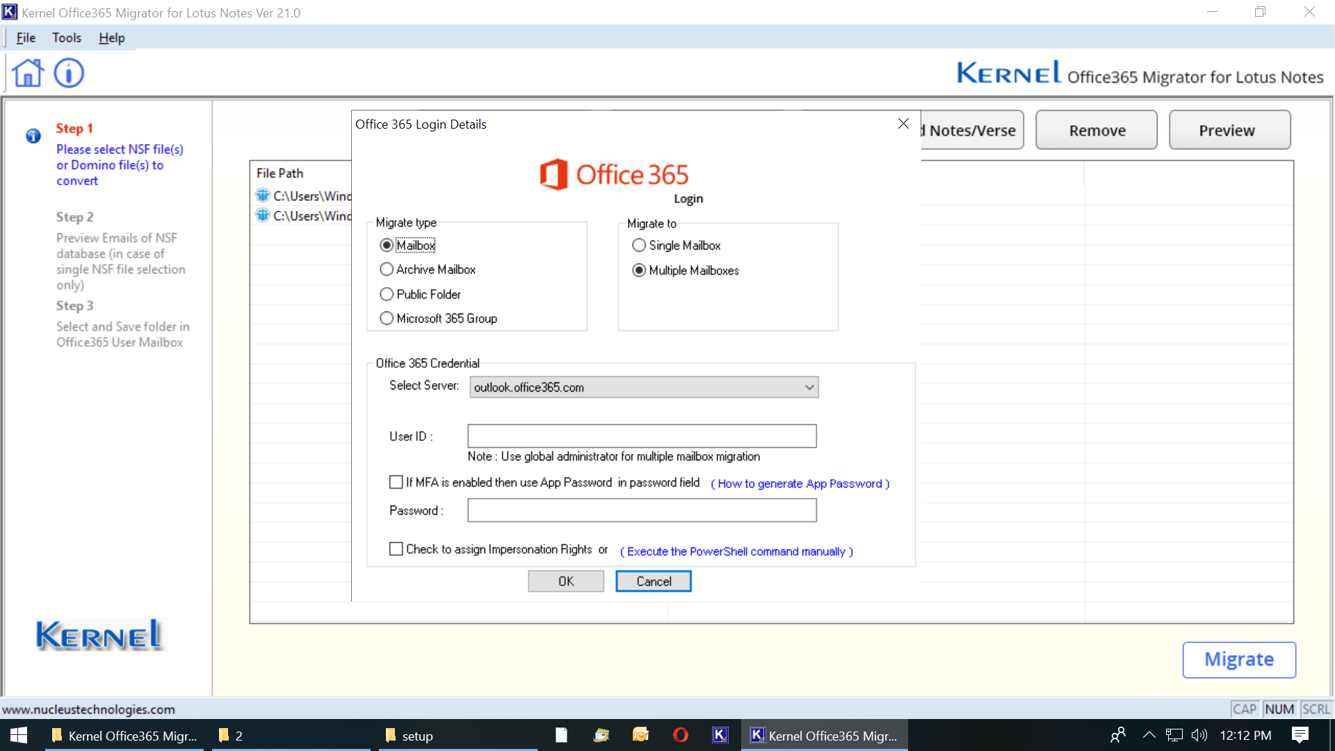 Input destination Office 365 accounts credentials