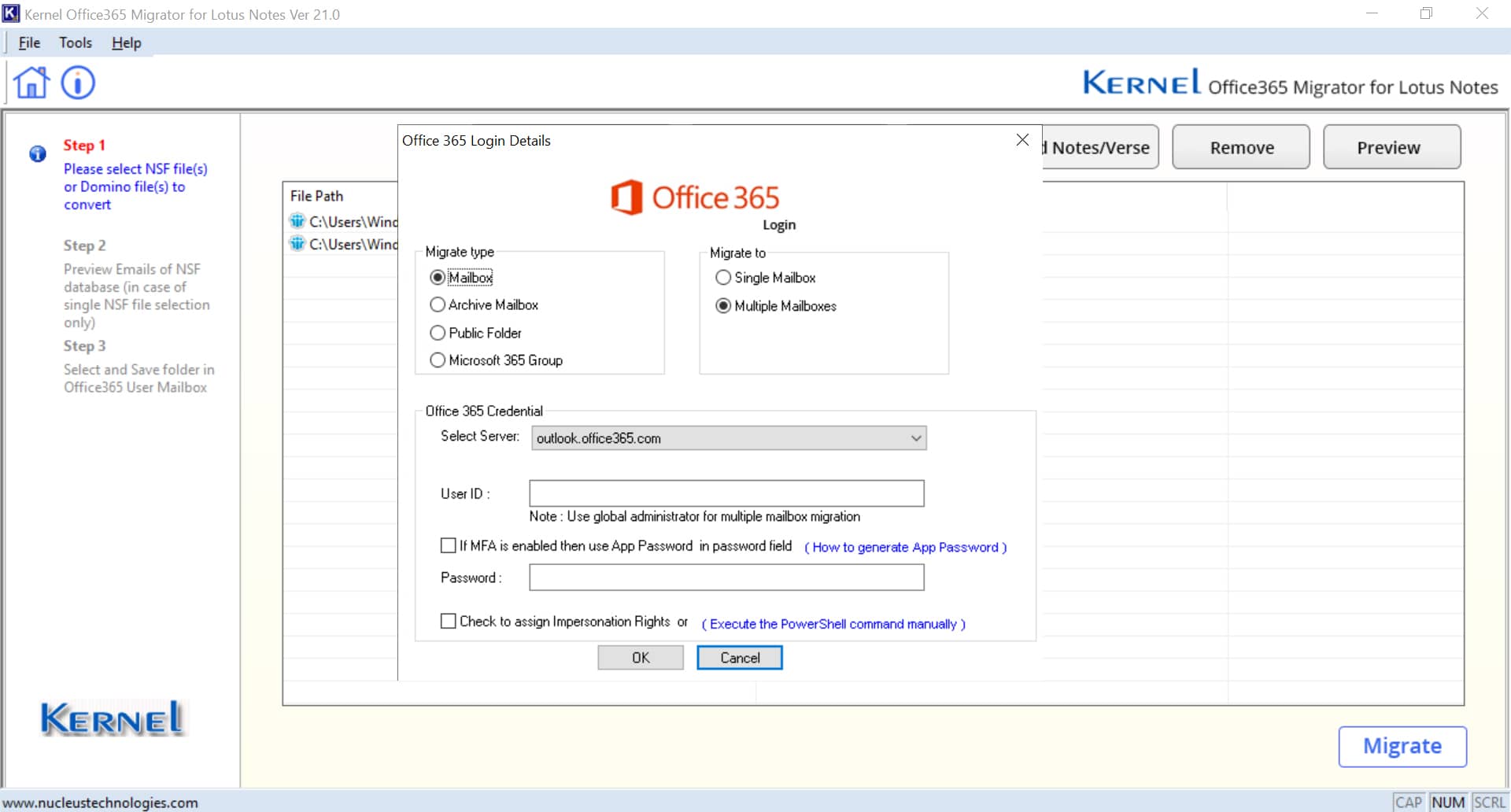 Input the destination Microsoft 365 credentials