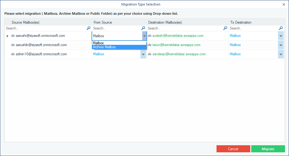 Select an option : Mailbox, Archive Mailbox, or Public Folder