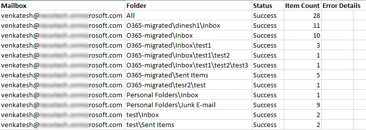 CSV file provides all the details of the migration