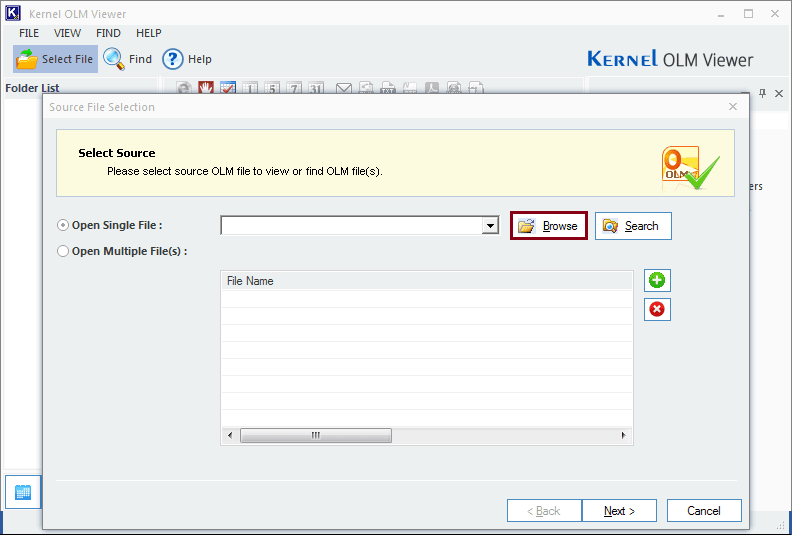 Browse the OLM file that you want to open