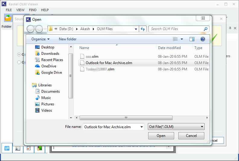 Select the OLM file you want to view