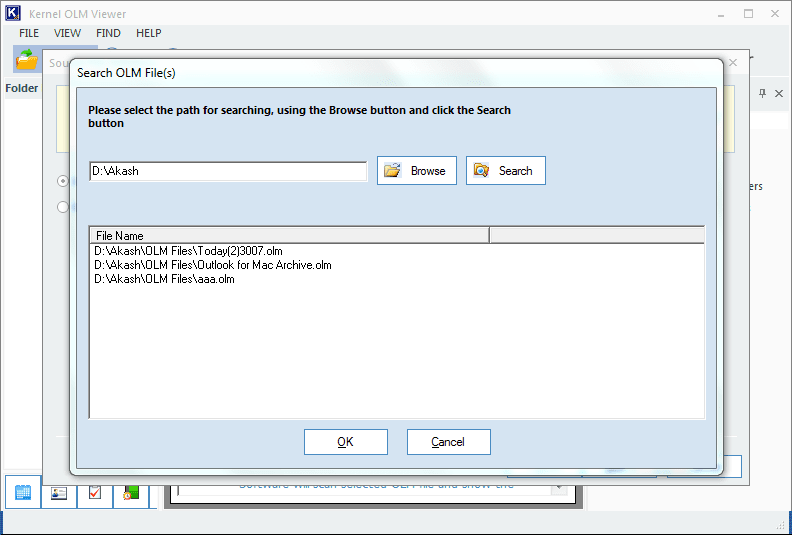 Use the Search option to get the OLM files in a specific drive