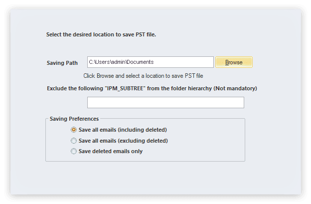 Select Location to Save PST File