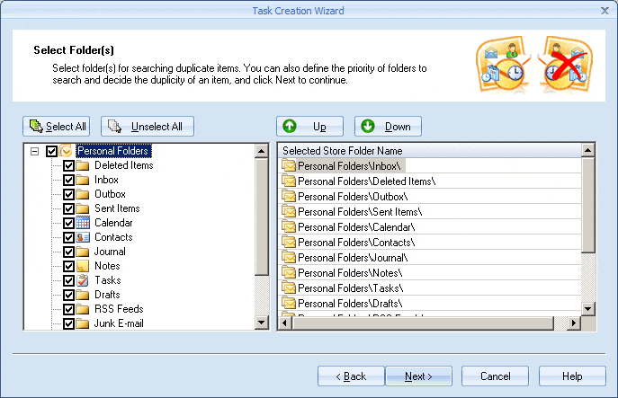 Selecting folders for duplicate item search