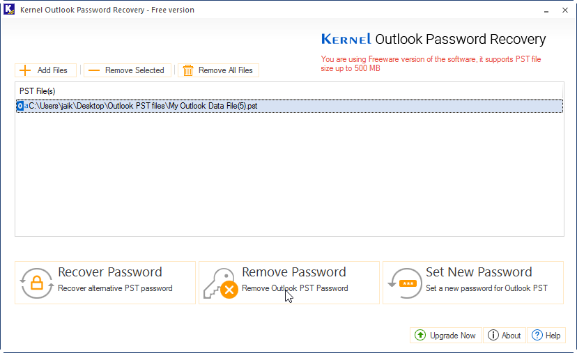 Add a PST file and click on Remove Password