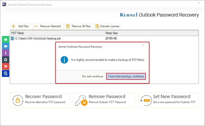 click I have backup, continue