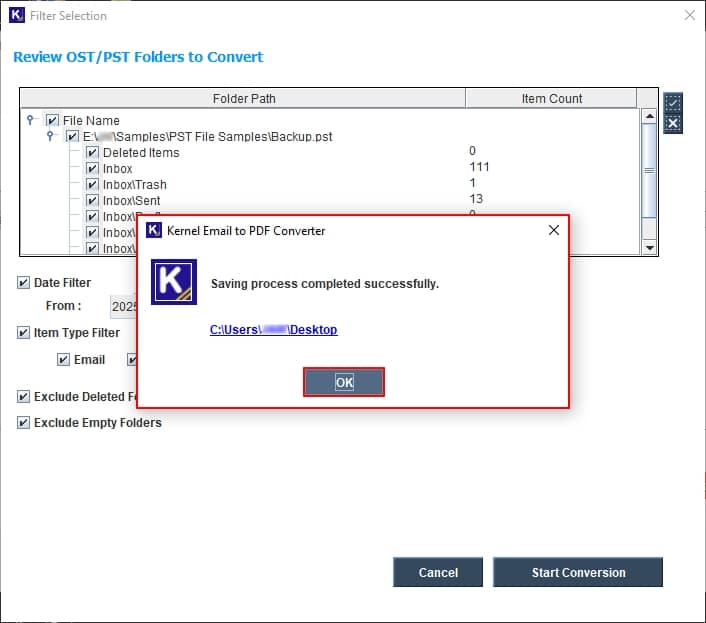 PST to PDF conversion completed