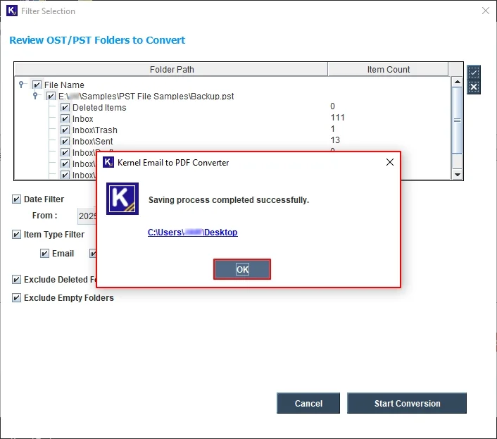 PST to PDF conversion completed