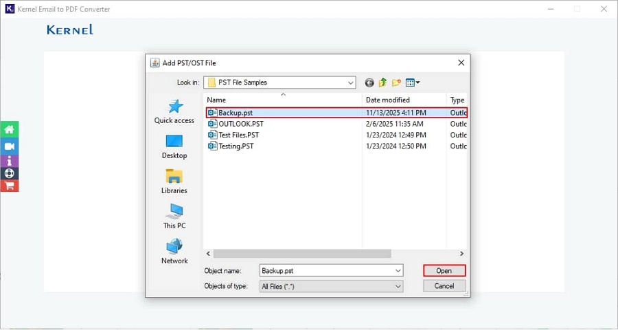 click open to select pst