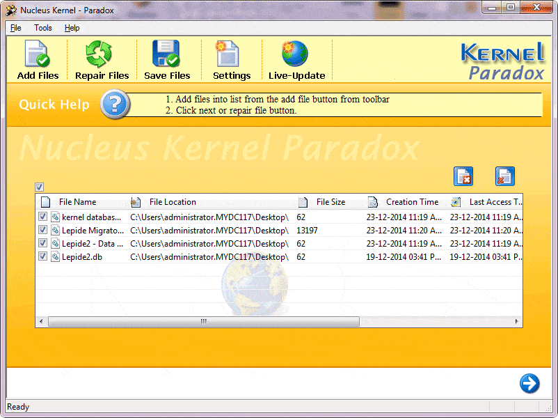 Product screenshots of kernel for paradox database recovery software tool