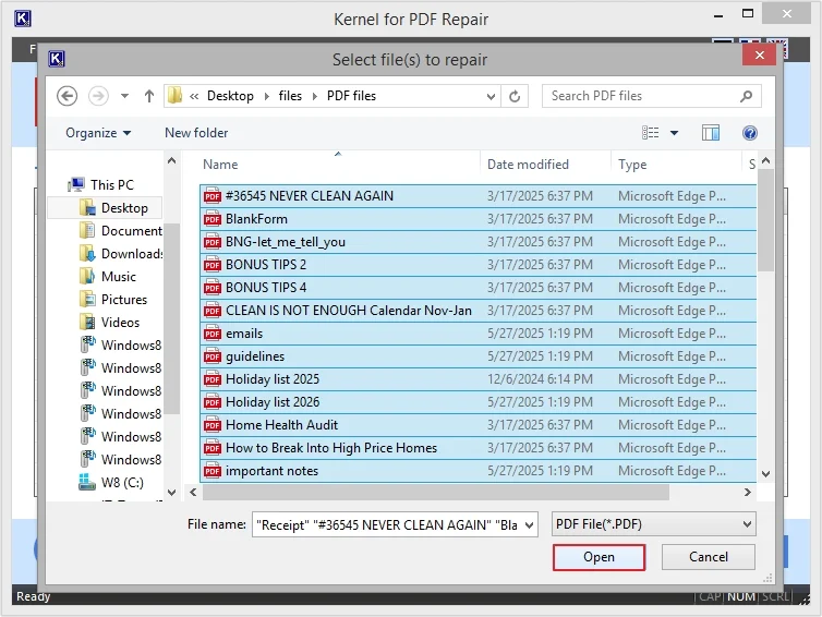 Select required PDF files and click Open