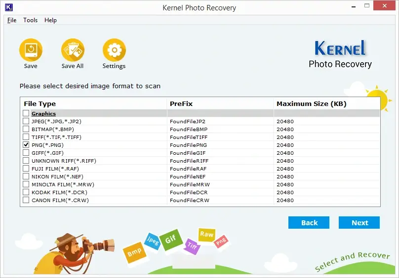 Selecting the file formats