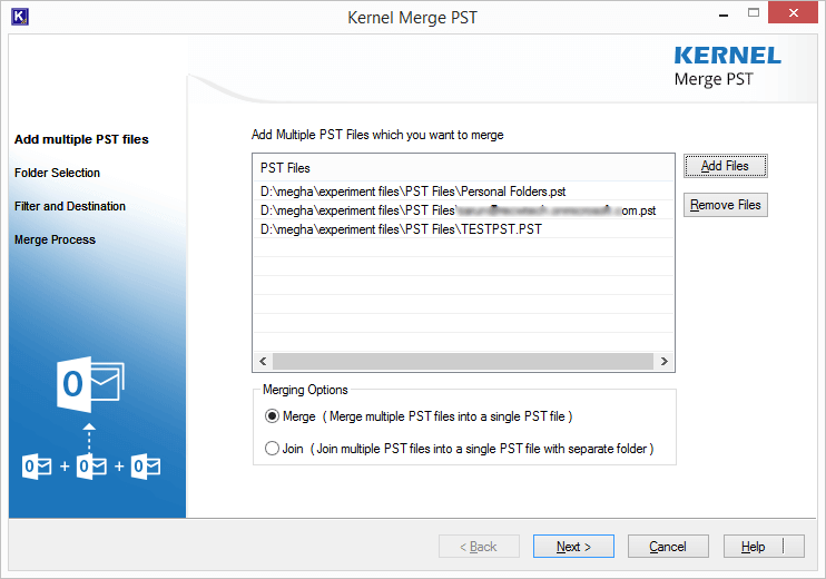 Adding PST files to the software