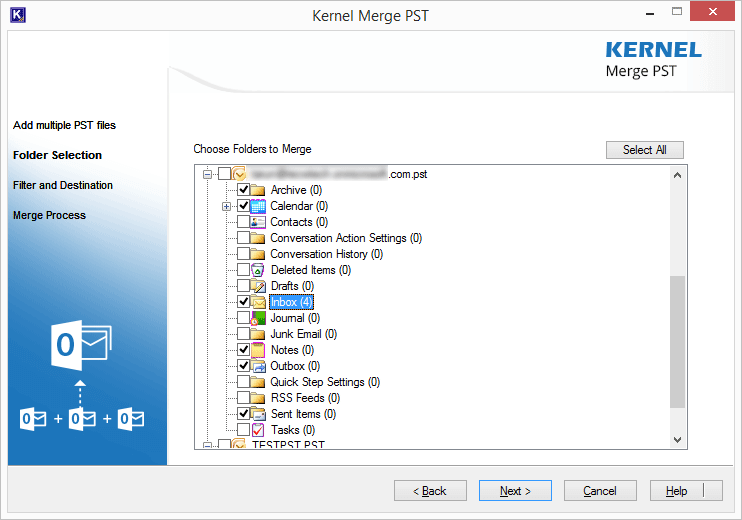 Selecting specific folders of the PST files before merging