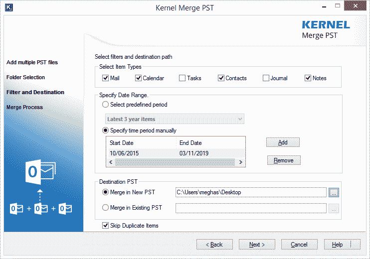 Opciones de filtrado avanzadas para fusionar archivos PST