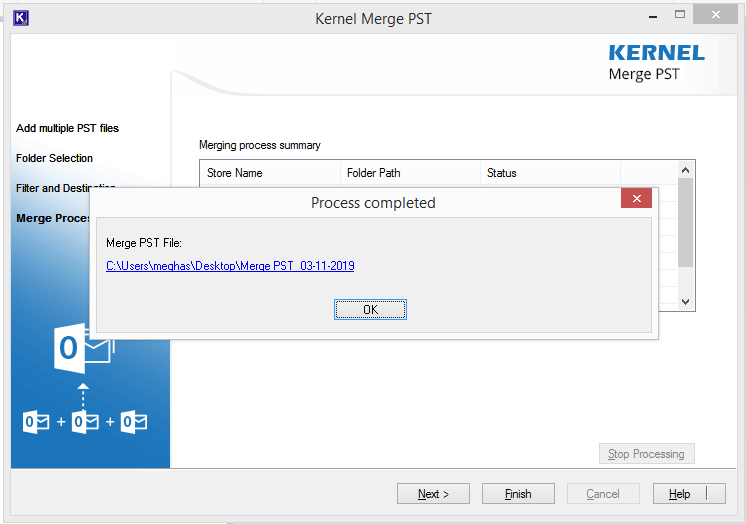 Ventana de notificación después de que se complete el proceso de fusión