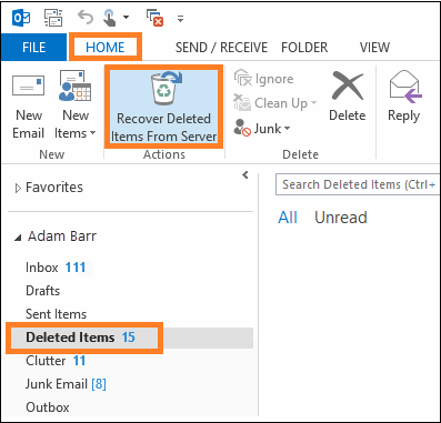 Open Outlook and click on the Deleted Items