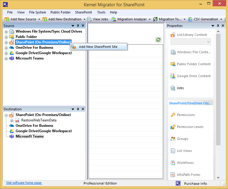 Select the SharePoint option in the software