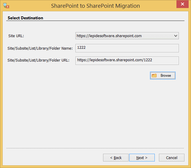 Selezionare Sito di SharePoint di destinazione