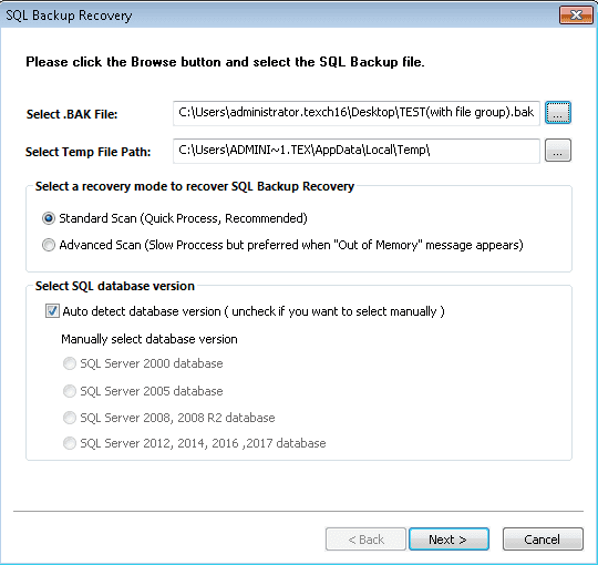 Scanning added SQL Server backup file